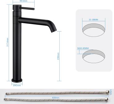 Preview: Waschtischarmatur schwarz 317x230x99,5mm 360° Drehbarer Einhebel - Kelleria