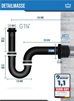 Preview: Feiner Siphon schwarz Waschbecken Edelstahl 1 1/4" 2-12cm