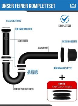 Preview: Feiner Siphon schwarz Waschbecken Edelstahl 1 1/4" 2-12cm
